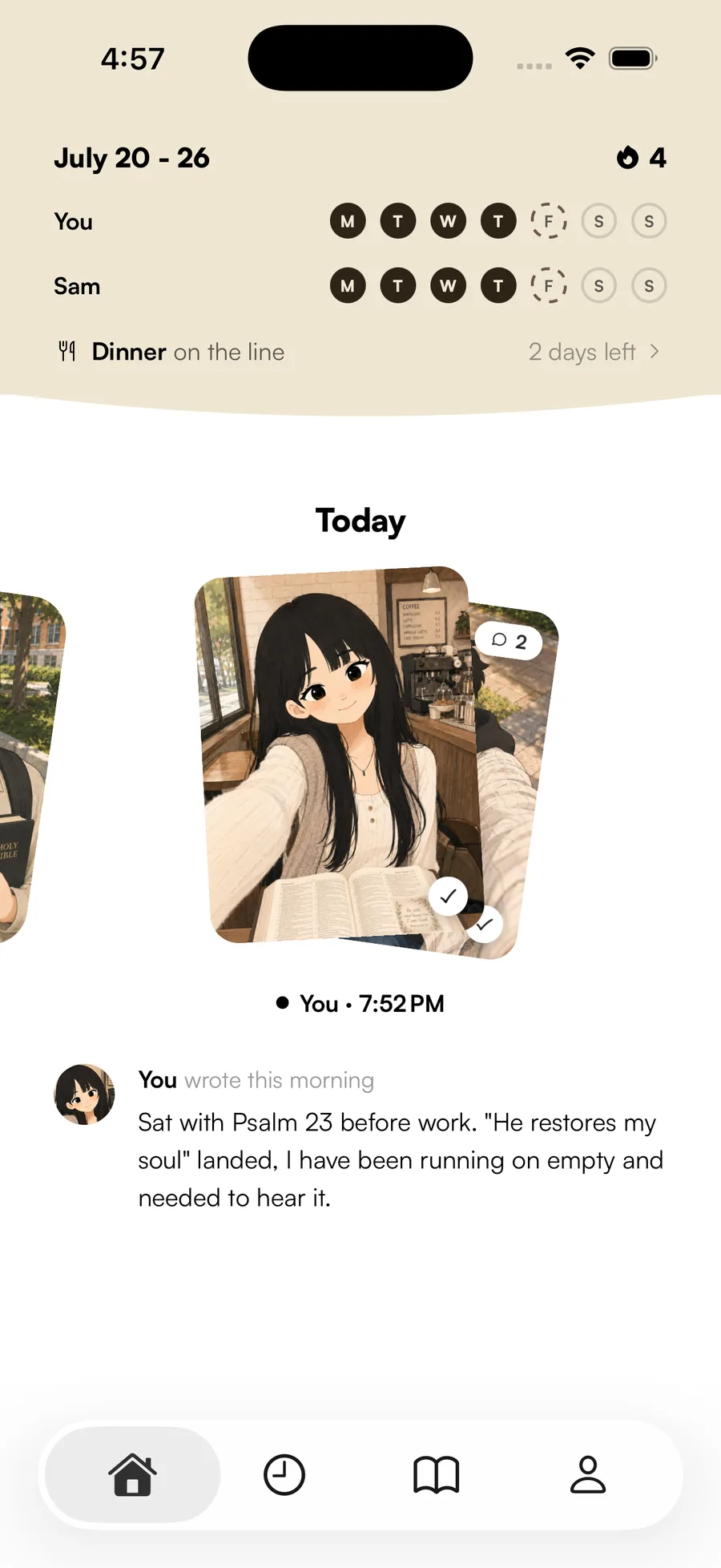 The Yoked weekly check-in screen