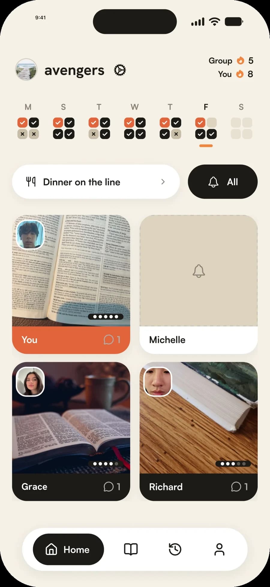The Yoked home screen with this week's check-ins